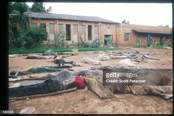Skeletal remains are strewn on the grounds of the Catholic mission May 5, 1994 in Rukara, Rwanda. Hundreds of Tutsis were killed at the Rukara...