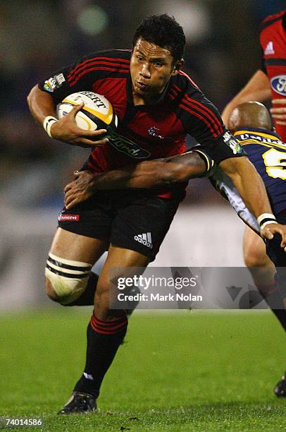 Casey Laulala of the Crusaders in action during the round 13 Super 14 match between the Brumbies and the Crusaders at Canberra Stadium on April 28,...