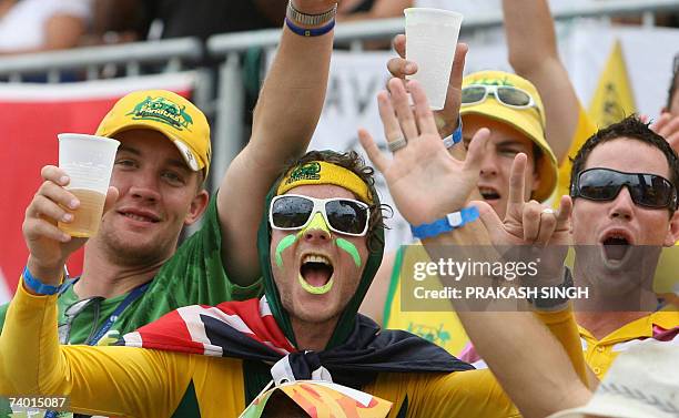 Australian cricket fans wait for play to begin between Australia and Sri Lanka in the final of the ICC Cricket World Cup 2007, at the Kensington Oval...