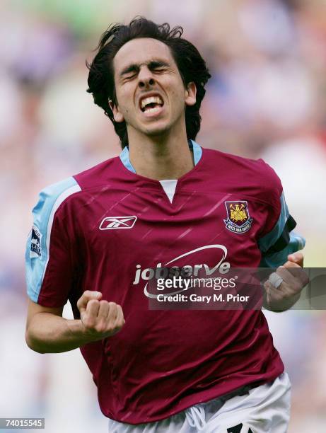 Yossi Benayoun of West Ham celebrates scoring his teams second goal of the game during the Barclays Premiership match between Wigan Athletic and West...
