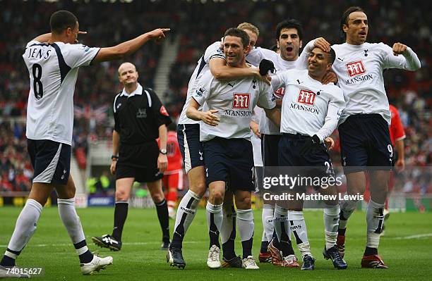 Robbie Keane of Tottenham celebrates his second goal with team mates during the Barclays Premiership match between Middlesbrough and Tottenham...