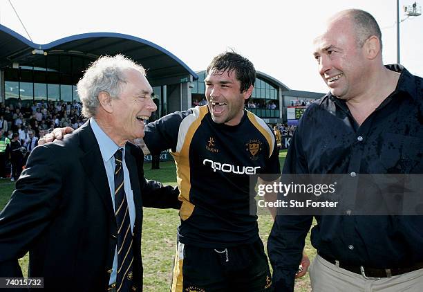 Worcester captain Pat Sanderson Chairman Cecil Duckworth and Director of Rugby John Brain celebrate after the Guinness Premiership match between...