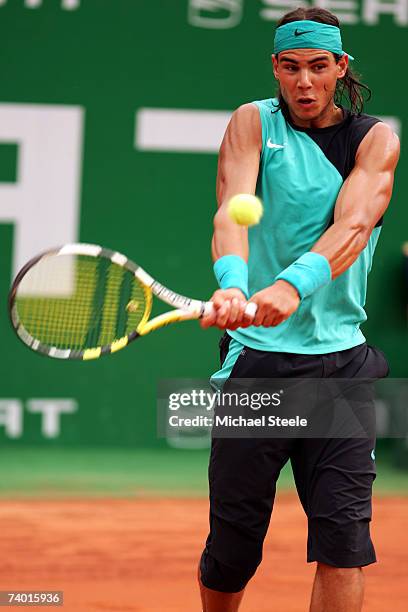 Rafael Nadal of Spain in action during his 7-5,6-1 victory in the Semi Final match against David Ferrer of Spain on Day Six of the Open Seat 2007 at...