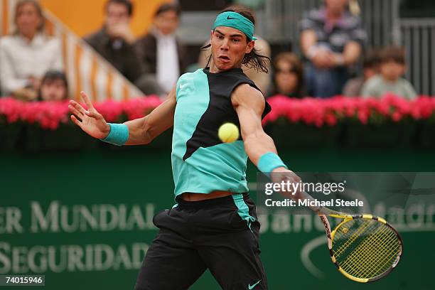 Rafael Nadal of Spain on his way to a 7-5, 6-1 victory in the Semi Final match against David Ferrer of Spain on Day Six of the Open Seat 2007 at the...