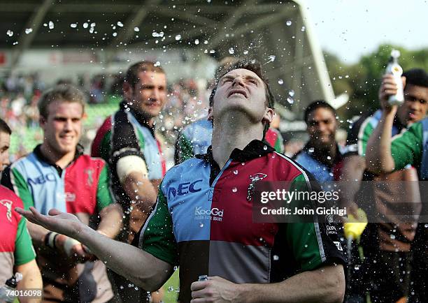 Andrew Mehrtens of Harlequins celebrates his birthday and his last game during the Guinness Premiership game between NEC Harlequins and Sale Sharks...