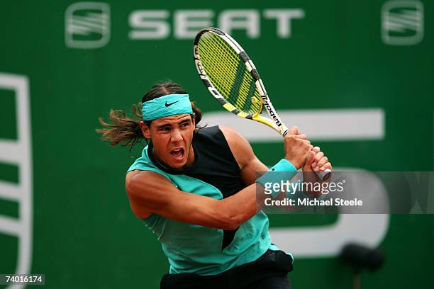 Rafael Nadal of Spain in action during his 7-5,6-1 victory in the Semi Final match against David Ferrer of Spain on Day Six of the Open Seat 2007 at...