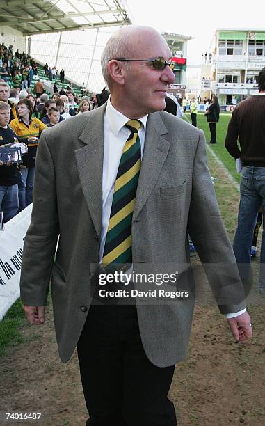 Keith Barwell, the Northampton owner walks from the pitch after watching his team being relegated from the Guinness Premiership following the...