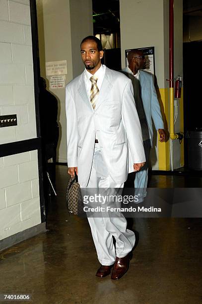 Richard Hamilton of the Detroit Pistons arrives before the game against the Orlando Magic in Game Four of the Eastern Conference Quarterfinals during...