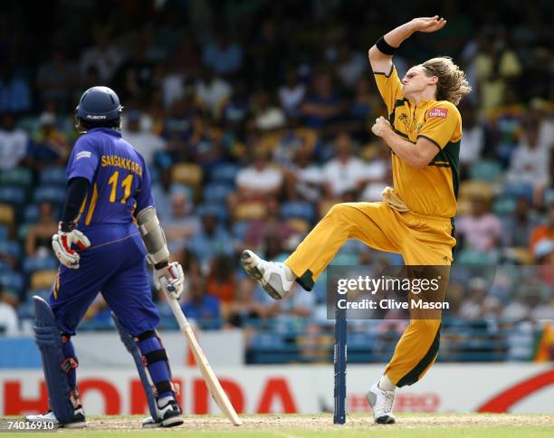 Nathen Bracken of Australia in action during the ICC Cricket World Cup Final between Australia and Sri Lanka at the Kensington Oval on April 28, 2007...