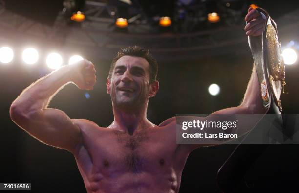 Stipe Drews of Croatia celebrates after winning the WBA Light Heavyweight Championship fight against Silvio Branco of Italy at the Koenig Pilsener...