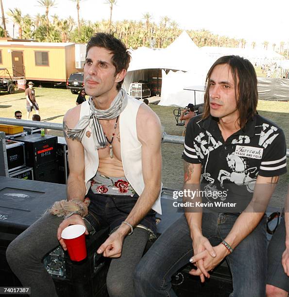 Musicians Perry Farrell and Nuno Bettencourt from the band "Satellite Party" backstage during day 1 of the Coachella Music Festival held at the...