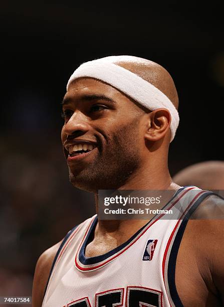 Vince Carter of the New Jersey Nets looks on against the Toronto Raptors in Game Three of the Eastern Conference Quarterfinals during the 2007 NBA...