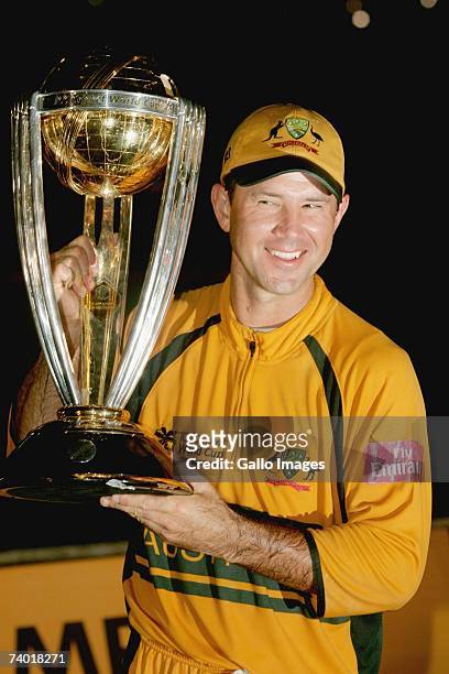 Ricky Ponting of Australia holds the trophy after winning the 2007 Cricket World Cup Final between Sri Lanka and Australia on April 28, 2007 in...