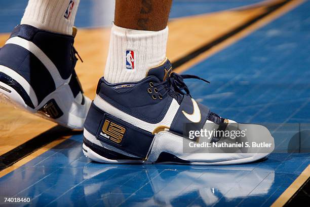 View of the new sneaker of LeBron James of the Cleveland Cavaliers during game against the Washington Wizards in Game Three of the Eastern Conference...