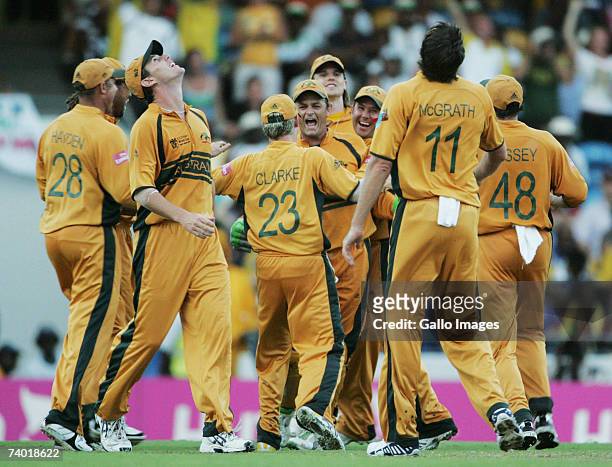 Australia celebrates another dismissal during the 2007 Cricket World Cup Final between Sri Lanka and Australia on April 28, 2007 in Bridgetown,...