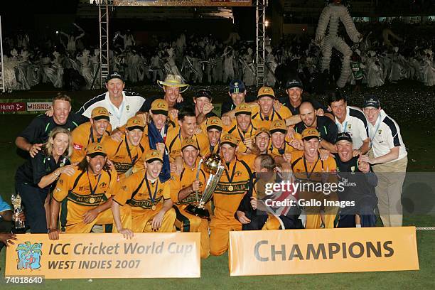 The Australian team celebrates winning the 2007 Cricket World Cup Final between Sri Lanka and Australia on April 28, 2007 in Bridgetown, Barbados.