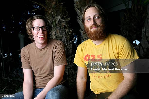 Musicians Patrick Carney and Dan Auerbach from the band "The Black Keys" pose for a portrait backstage during day 2 of the Coachella Music Festival...