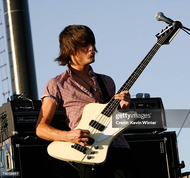 Musician Jarred Followill from the band "Kings of Leon" performs during day 2 of the Coachella Music Festival held at the Empire Polo Field on April...