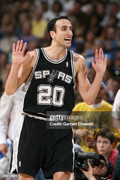 Manu Ginobili of the San Antonio Spurs during the game against the Denver Nuggets in Game Three of the Western Conference Quarterfinals during the...