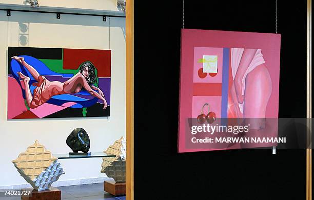 Paintings "Fruit of Love" and "Lure and Seduction" by young Lebanese artist Nayla Karam are exhibited at Suface Gallery in Beirut's Christian suburb...