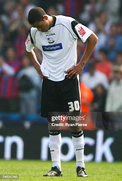 Lewin Nyatanga of Derby looks dejected during the Coca Cola Championship match between Crystal Palace and Derby County at Selhurst Park on April 29,...