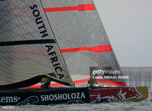 Victory Challenge from Sweden races against Team Shosholoza from South Africa during Flight 1 of the Round Robin 2 challenger selection series of the...