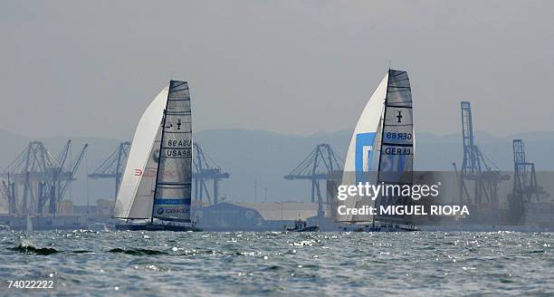 United Internet Team Germany and BMW Oracle from USA sail during Flight 1 of the Round Robin 2 challenger selection series of the Louis Vuitton Cup...