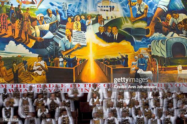 The Fifth Sunday Choir sings during a service commemorating the Los Angeles riots at the First AME Church April 29, 2007 in Los Angeles, California....