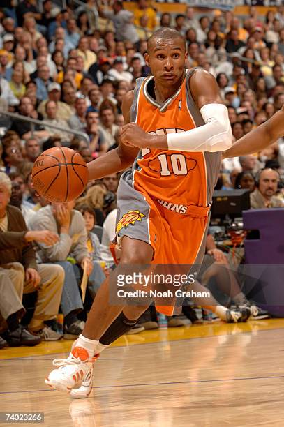 Leandro Barbosa of the Phoenix Suns drives to the hoop against the Los Angeles Lakers in Game Four of the Western Conference Quarterfinals during the...