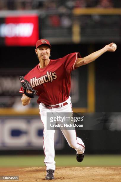 Randy Johnson starting pitcher for the Arizona Diamondbacks pitches against the San Francisco Giants during a game on April 29, 2007 at Chase Field...