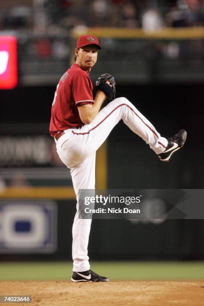 Randy Johnson starting pitcher for the Arizona Diamondbacks pitches against the San Francisco Giants during a game on April 29, 2007 at Chase Field...