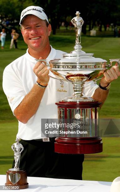 Scott Verplank poses with the trophy after winning the EDS Byron Nelson Championship on April 29, 2007 at the TPC Four Seasons Resort Las Colinas in...