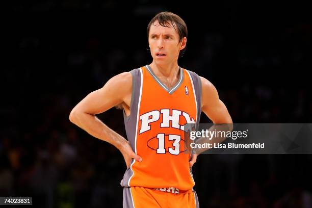 Steve Nash of the Phoenix Suns looks across the court in Game Four of the Western Conference Quarterfinals against the Los Angeles Lakers during the...