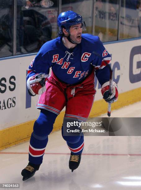 Jaromir Jagr of the New York Rangers celebrates his second-period goal against the Buffalo Sabres during Game Three of the 2007 Eastern Conference...