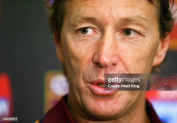 Country Origin coach Craig Bellamy talks to the media during the Country Origin team assembly at Aussie Stadium on April 30, 2007 in Sydney,...