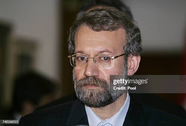 Ali Larijani, Iran's top national security official attends a press conference that followed his meeting with Iraq's Prime Minister Nuri al-Maliki in...