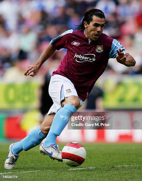 Carlos Tevez of West Ham in action during the Barclays Premiership match between Wigan Athletic and West Ham United at The JJB Stadium on April 28,...