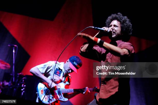 Tom Morello and Zack De La Rocha of Rage Against the Machine perform as part of the Coachella Valley Music and Arts Festival at the Empire Polo...