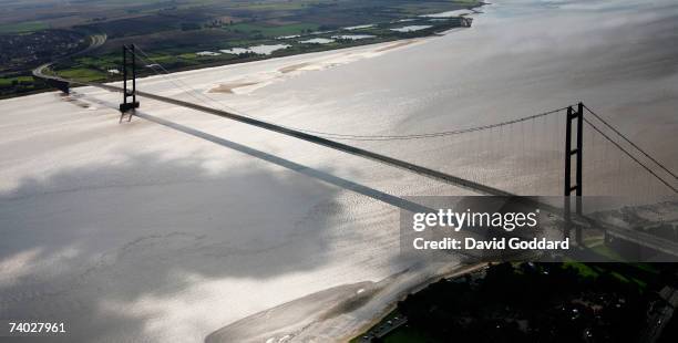 South of Hessle and North of Barton-Upon-Humber stands the world's 4th longest single span suspension bridge, the Humber Bridge in this aerial photo...