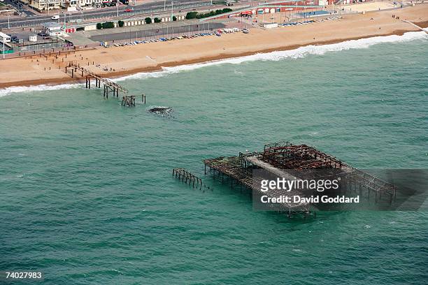 Surrounded by the waters of the English Channel is the rusting frame work of Brighton's Historic West Pier in this aerial photo taken on 20th...