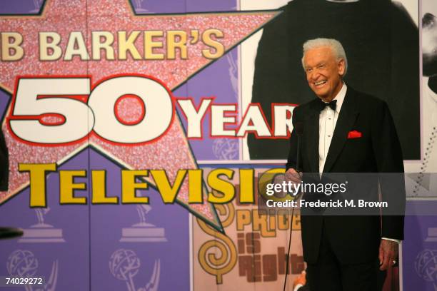 Host Bob Barker speaks during the tapeing of a final primetime special of "The Price Is Right" at CBS Television City on April 17, 2007 in Los...