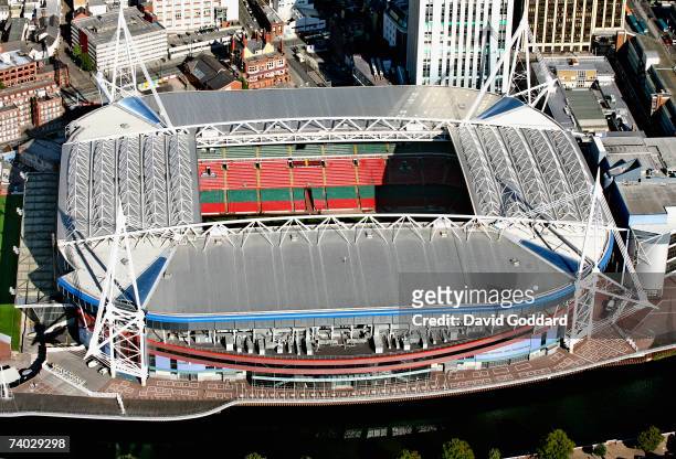 On the banks of the river Taff in the middle of Cardiff is the national stadium of Wales, the Millennium Stadium in this aerial photo taken on 26th...