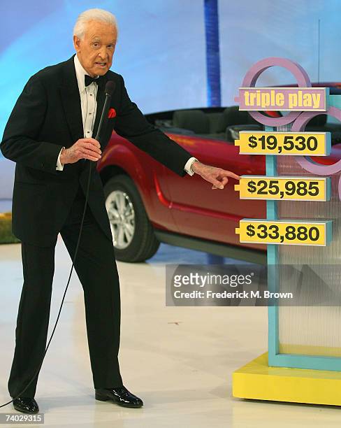 Host Bob Barker speaks during the taping of a final primetime special of "The Price Is Right" at CBS Television City on April 17, 2007 in Los...