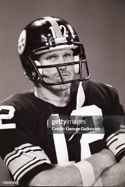 Quarterback Terry Bradshaw of the Pittsburgh Steelers on the sideline during a game against the Denver Broncos at Three Rivers Stadium on October 22,...