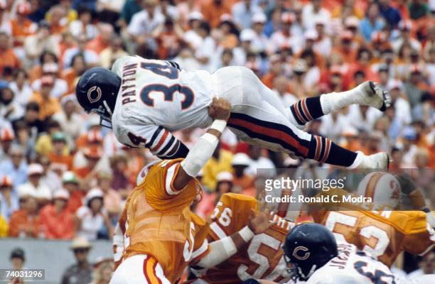 Walter Payton of the Chicago Bears goes over the top in a game against the Tampa Bay Buccaneers on November 1, 1981 in Tampa, Florida.