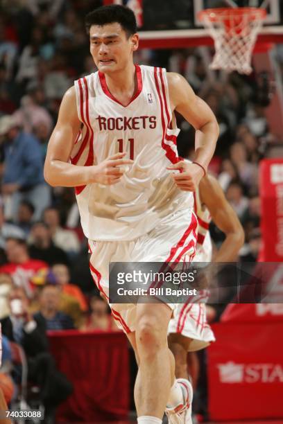 Yao Ming of the Houston Rockets runs downcourt during the game against the New Orleans/Oklahoma City Hornets at the Toyota Center on April 14, 2007...