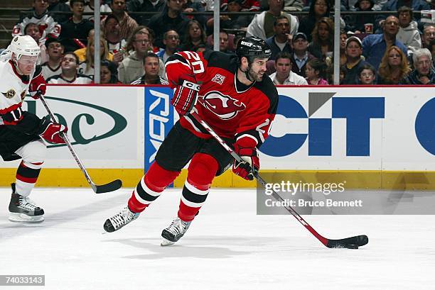Jay Pandolfo of the New Jersey Devils skakes against the Ottawa Senators during Game 2 of the 2007 Eastern Conference Semifinals on April 28, 2007 at...