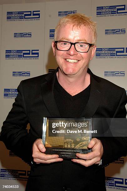 Radio Two DJ Chris Evans poses in the awards room with the Music Radio Personality of the Year Award at the Sony Radio Academy Awards 2007 at...