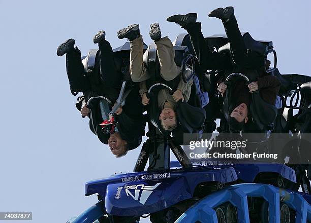 Thrill seekers try out the new Infusion rollercoaster ride at Blackpool Pleasure Beach on May 1 Blackpool, England. The ride, over water, has five...