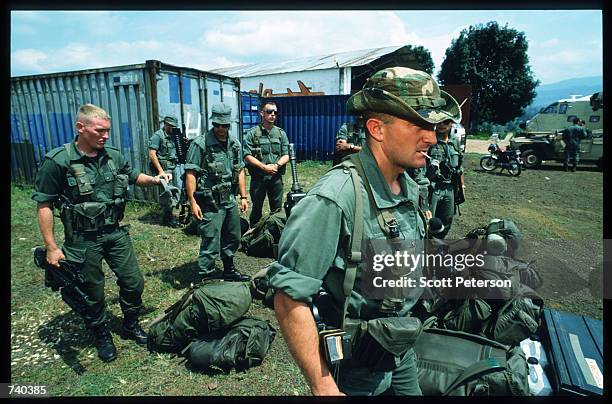 French soldiers arrive at the airport June 24, 1994 in Bukavu, Zaire. The soldiers will next head to the Nyarushishi Tutsi refugee camp in Rwanda to...